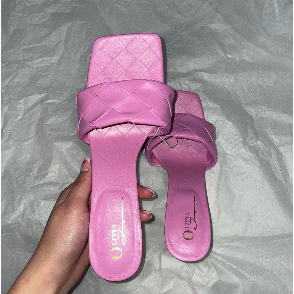 Pink Crosshatch Square-Toe Heels
